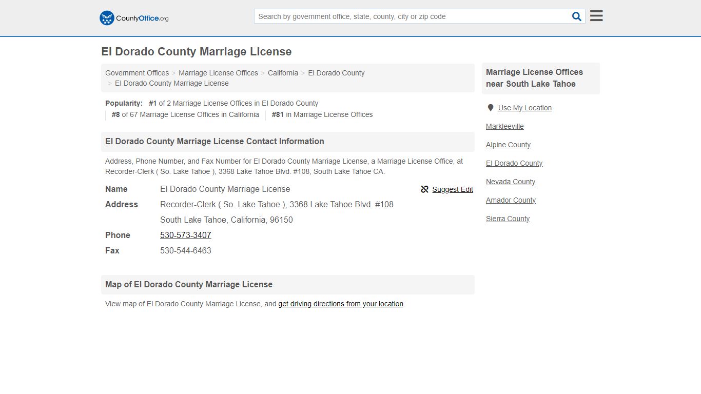 El Dorado County Marriage License - South Lake Tahoe, CA (Address ...