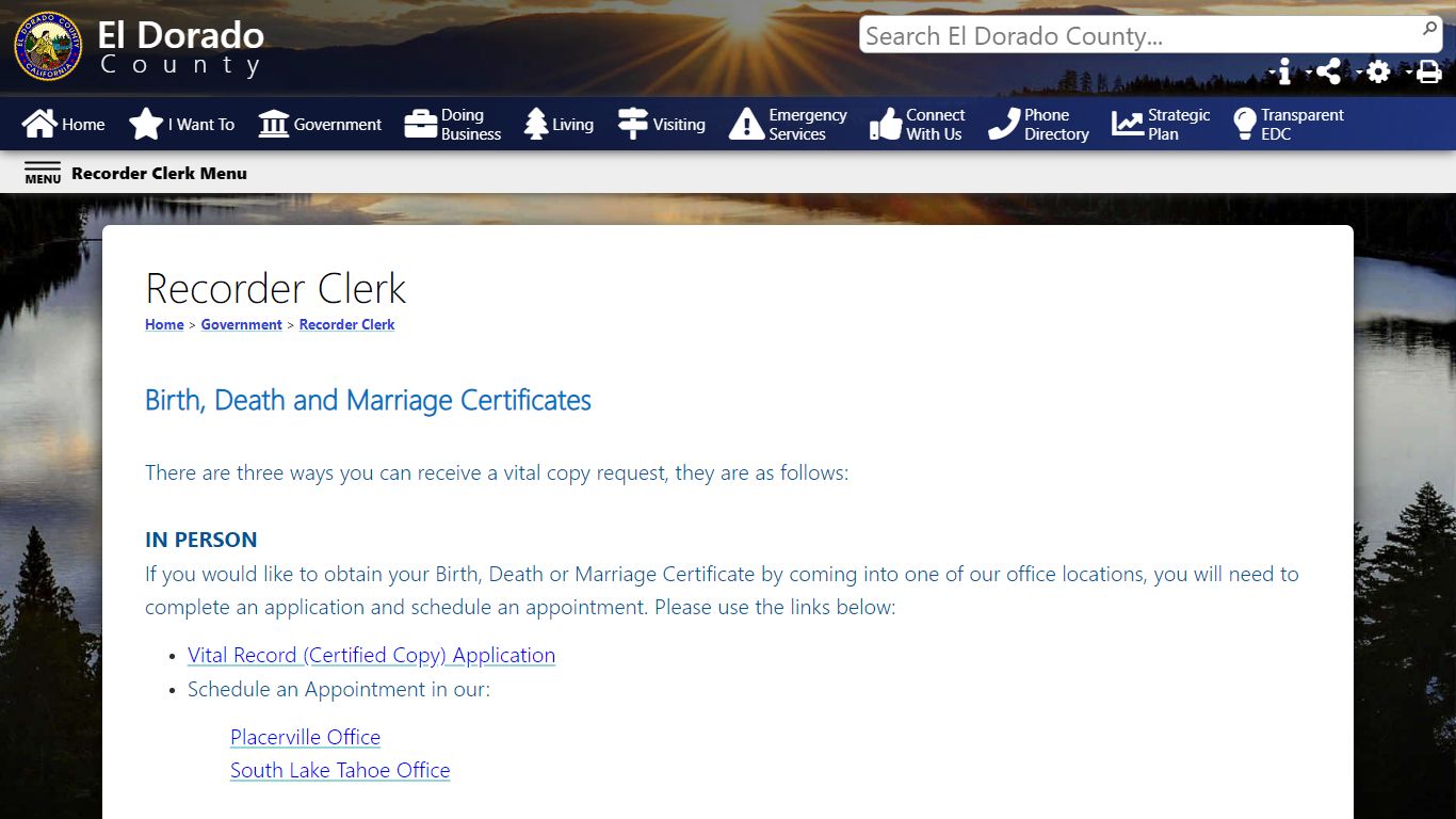 Birth, Death and Marriage Certificates - El Dorado County, California