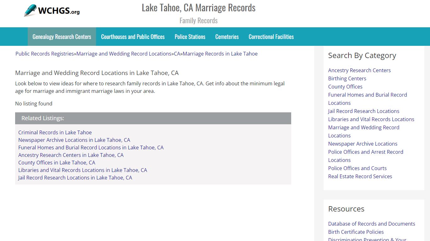 Lake Tahoe, CA Marriage Records - Family Records